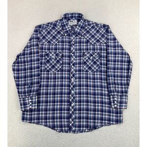 Vintage Montgomery Ward Western Shirt Men's XL Blue Plaid Pearl Snap Long Sleeve